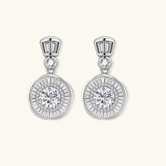 Art Deco-inspired sterling silver drop earrings with tiered moissanite stones in geometric sunburst design