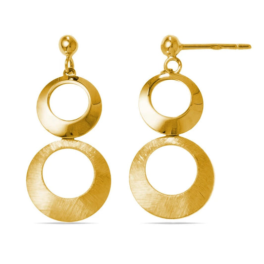 Circle Dangle Earrings with Mixed Finish in Yellow Gold