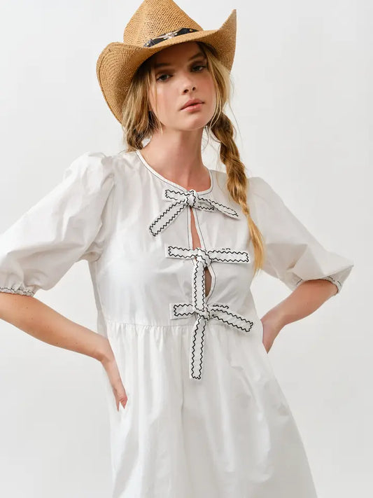 MAD3189 Embroidered Bow Tie Babydoll Dress