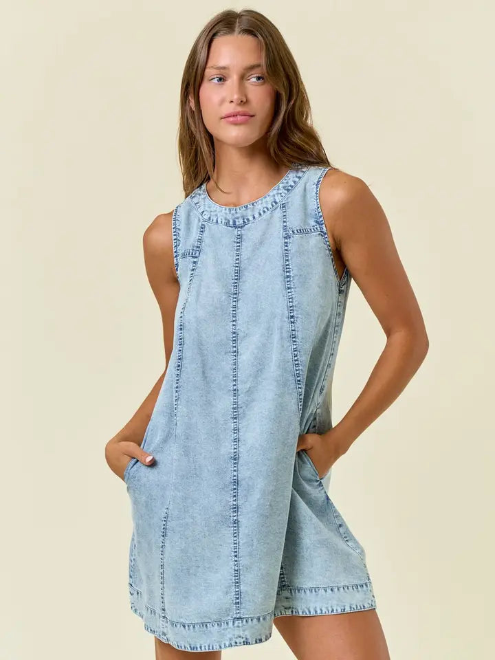 Chambray Round Neckline Sleeveless A-Line Mini Dress -28027D