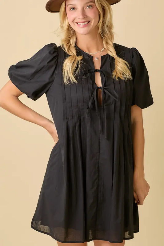 Pin Tuck Detail Bubble Sleeve Summer Mini Dress