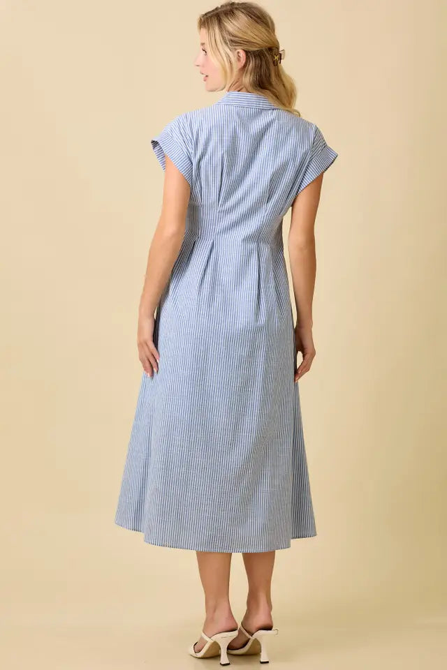Button Up Front Pleated Summer Midi Shirt Dress