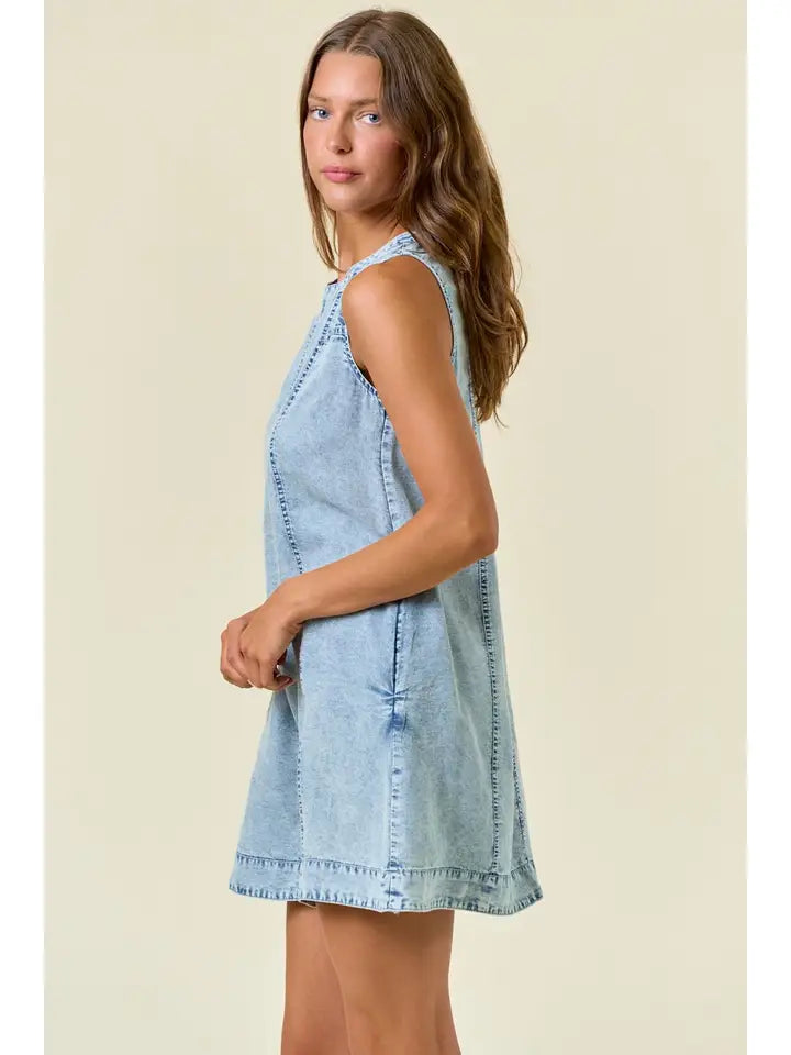 Chambray Round Neckline Sleeveless A-Line Mini Dress -28027D