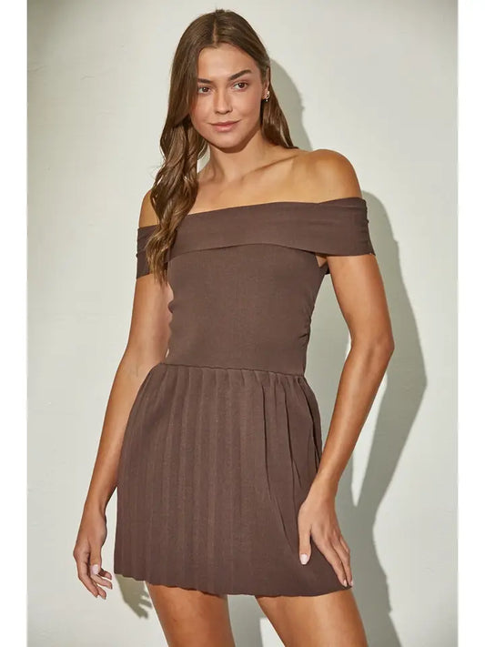 Off Shoulder Ribbed Knit Pleated Mini Dress