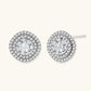 Double halo sterling silver stud earrings with brilliant round moissanite center stones and pavé crystal accents