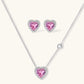 Pink heart-shaped cubic zirconia jewelry set with white gold plating featuring necklace, earrings, bracelet and ring