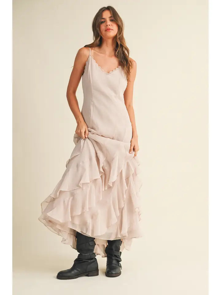 Lace V Neck Ruffled Cami Dress