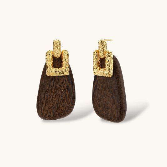Elegant drop earrings featuring intricate 18k gold plated copper metalwork with dark brown wooden teardrop pendants