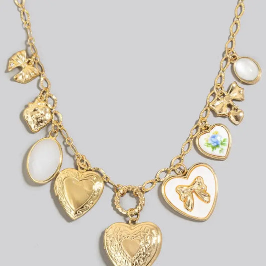 Assorted Heart and Ribbon Bow Charms Chain Necklace