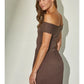 Off Shoulder Ribbed Knit Pleated Mini Dress