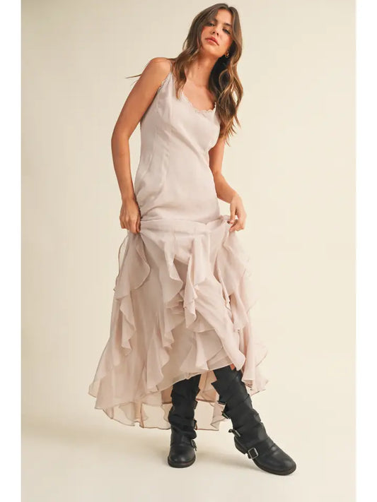 Lace V Neck Ruffled Cami Dress