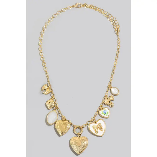 Assorted Heart and Ribbon Bow Charms Chain Necklace