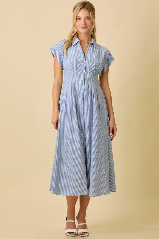 Button Up Front Pleated Summer Midi Shirt Dress