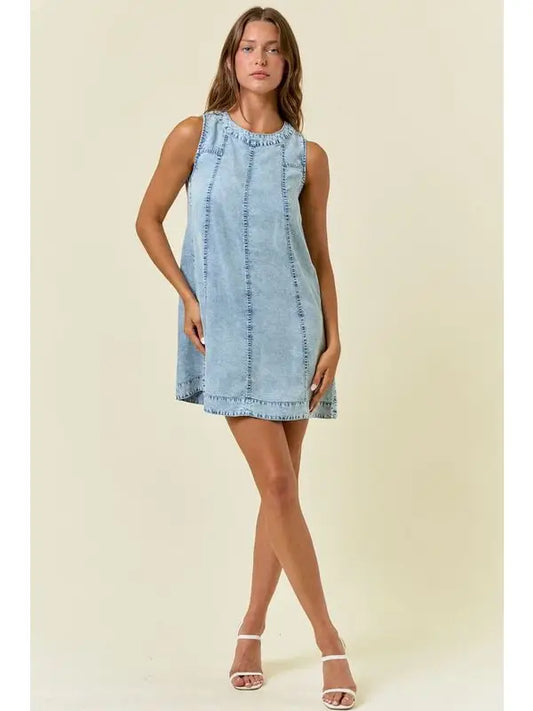 Chambray Round Neckline Sleeveless A-Line Mini Dress -28027D
