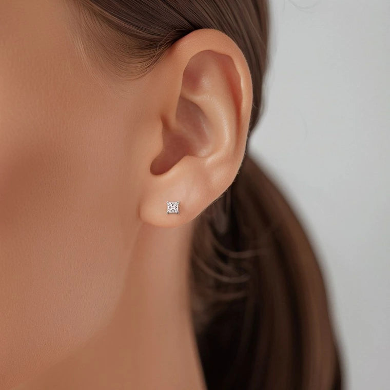 3/4 Carat Lab Grown Princess Diamond Studs in White Gold