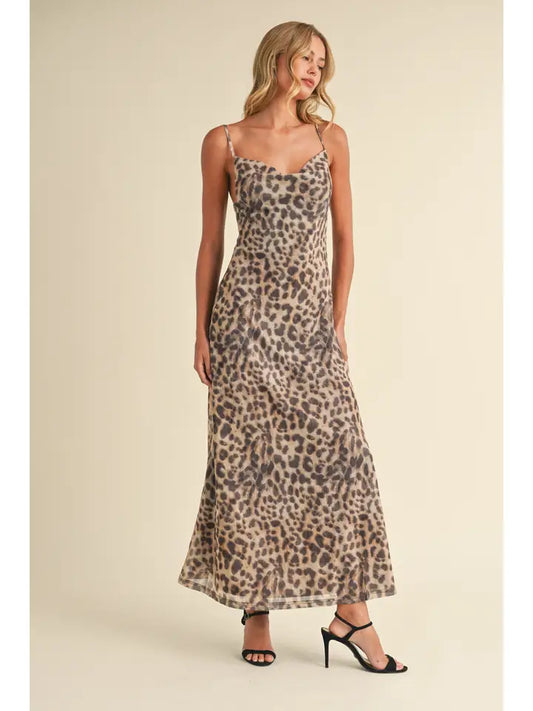 ID8517 Leopard Printed Mesh Cowl Neckline Maxi Dress