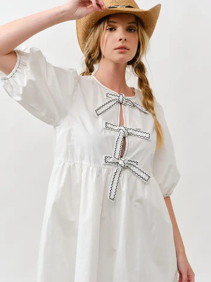 MAD3189 Embroidered Bow Tie Babydoll Dress