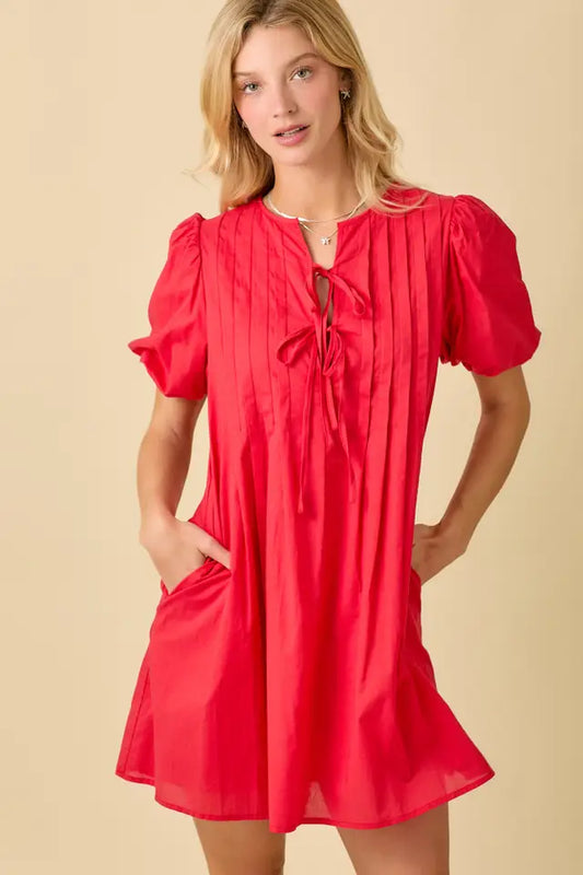 Pin Tuck Detail Bubble Sleeve Summer Mini Dress