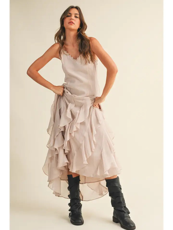 Lace V Neck Ruffled Cami Dress
