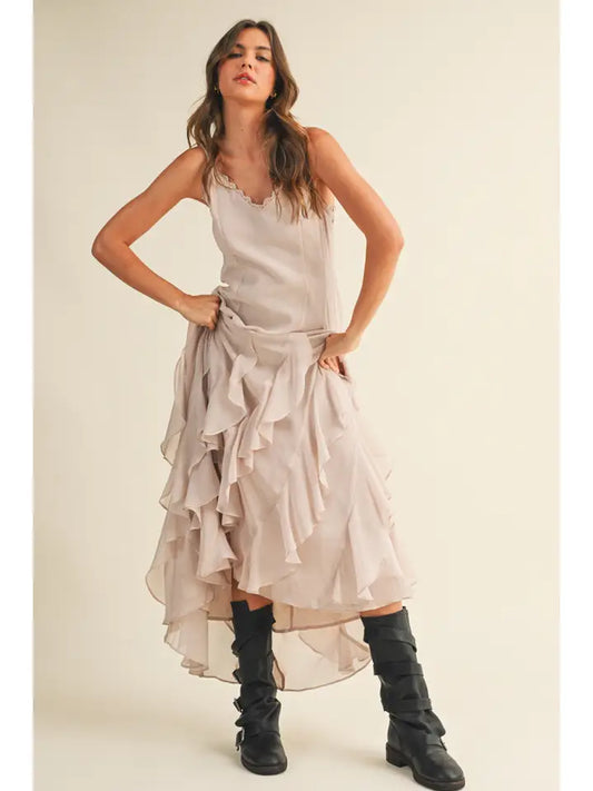 Lace V Neck Ruffled Cami Dress