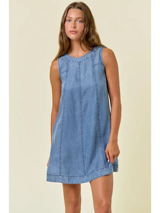 Chambray Round Neckline Sleeveless A-Line Mini Dress -28027D