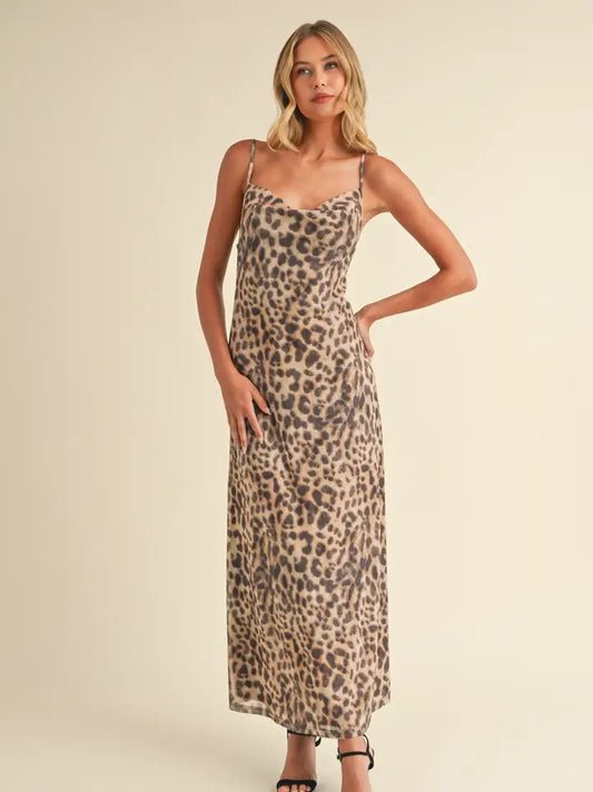 ID8517 Leopard Printed Mesh Cowl Neckline Maxi Dress