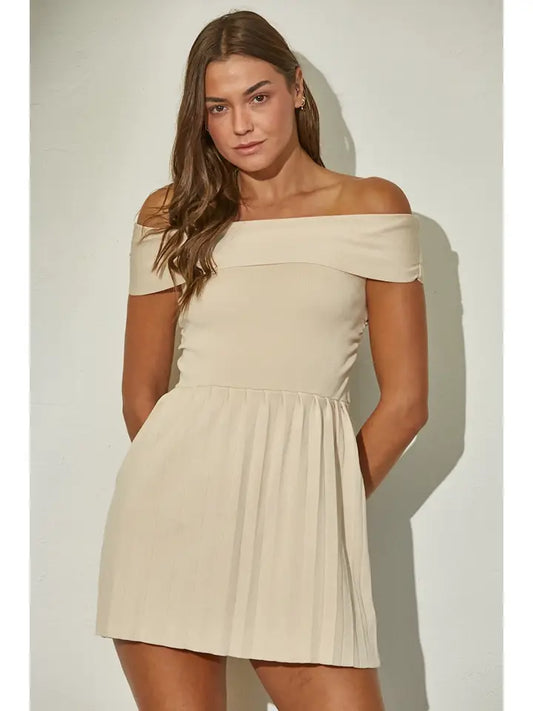 Off Shoulder Ribbed Knit Pleated Mini Dress