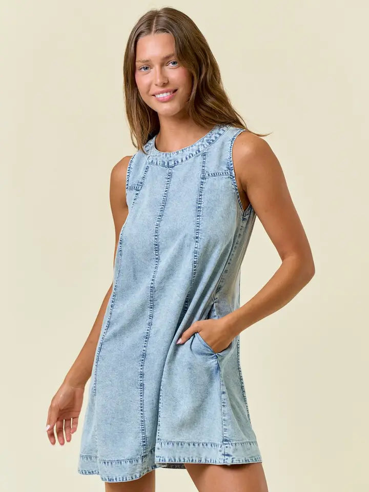 Chambray Round Neckline Sleeveless A-Line Mini Dress -28027D