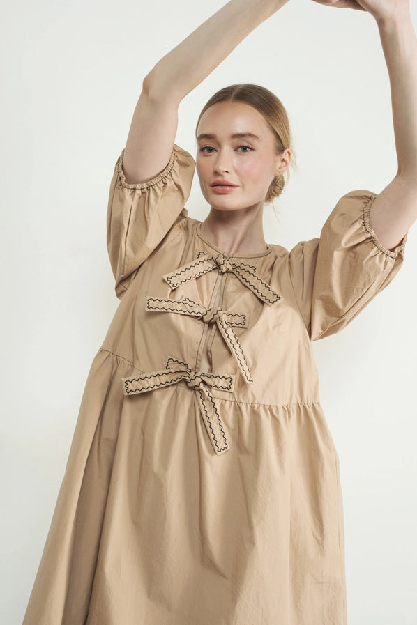 MAD3189 Embroidered Bow Tie Babydoll Dress