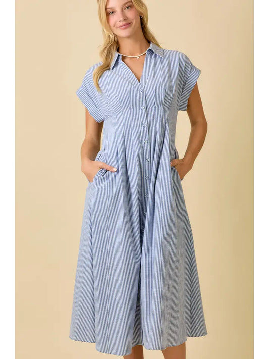 Button Up Front Pleated Summer Midi Shirt Dress