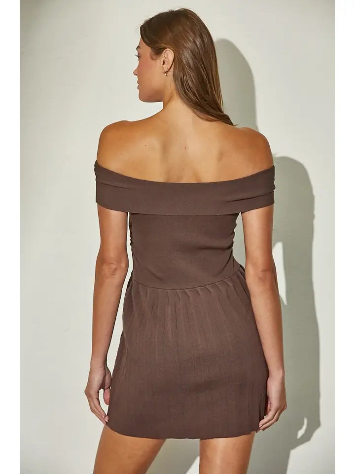 Off Shoulder Ribbed Knit Pleated Mini Dress