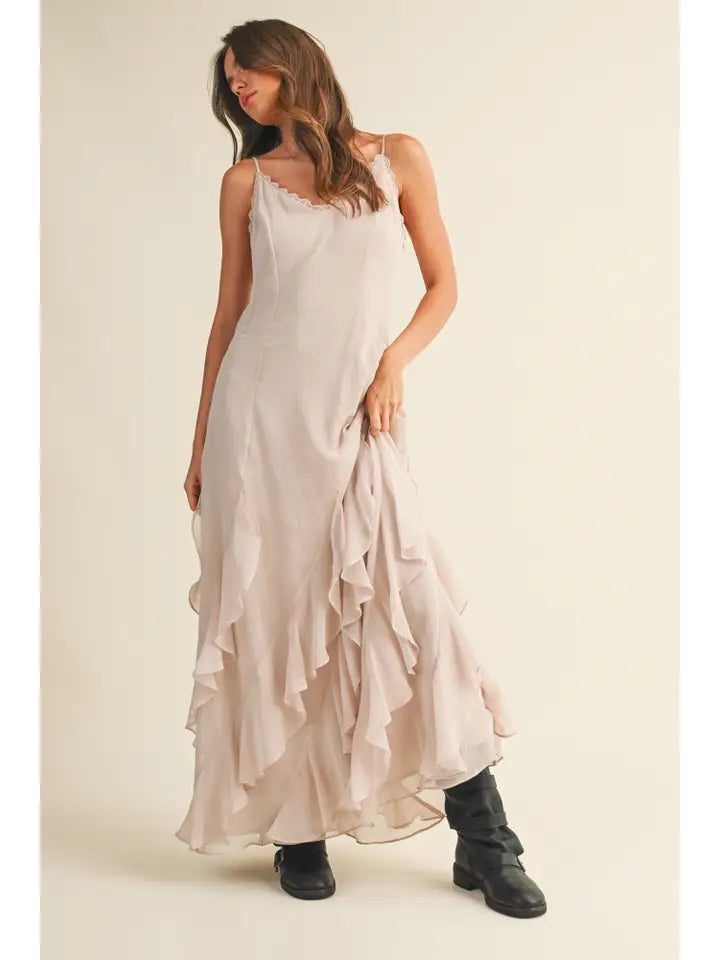 Lace V Neck Ruffled Cami Dress