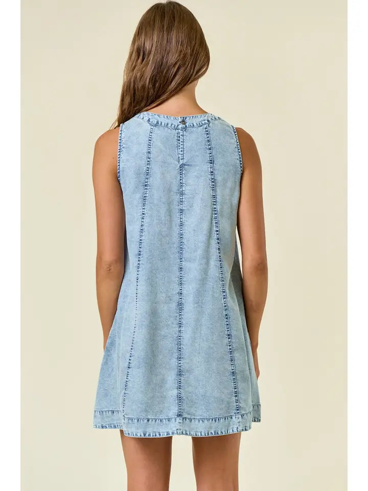 Chambray Round Neckline Sleeveless A-Line Mini Dress -28027D